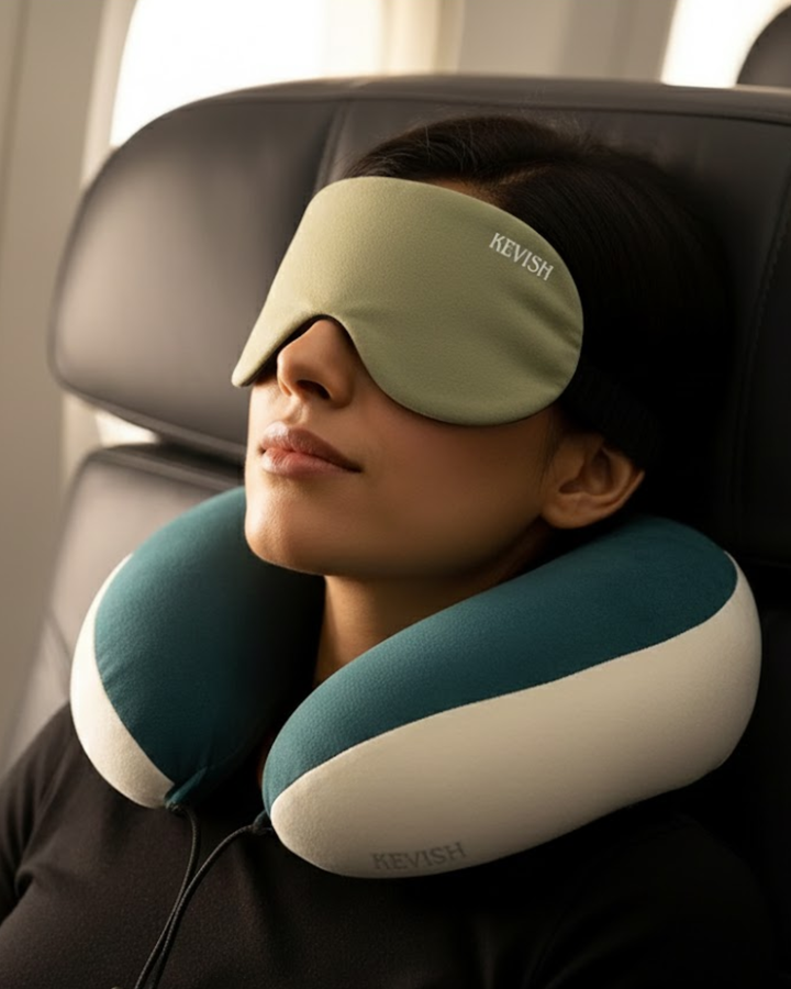 Travel Neck Pillow & Sleep Mask Set (White with Grey)
