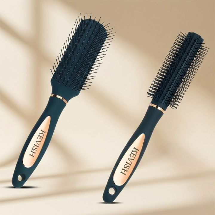 Flat + Round Styling Brush Combo Set (Navy Blue)