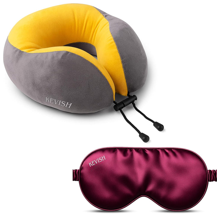 Travel Neck Pillow & Sleep Mask Set Combo (Yellow with Maroon)