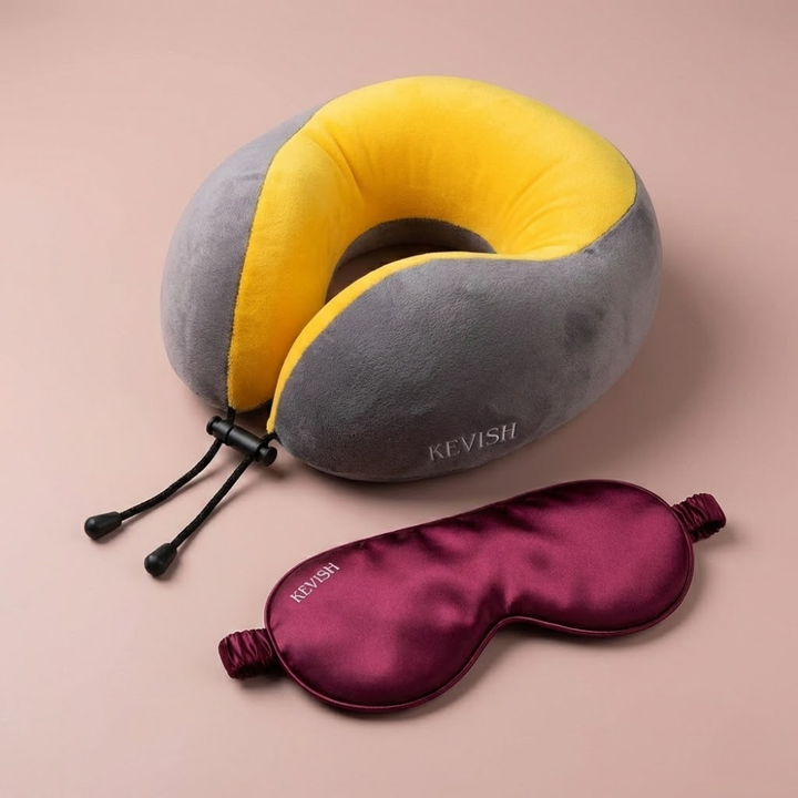 Travel Neck Pillow & Sleep Mask Set Combo (Yellow with Maroon)