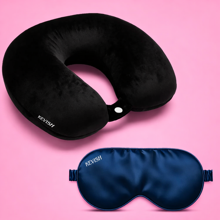 Travel Comfort Kit – Neck Support Pillow & Eye Mask Combo(Black and Navy Blue)